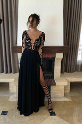 Black Lace Applique Long Sleeve Chiffon Prom Evening Dress